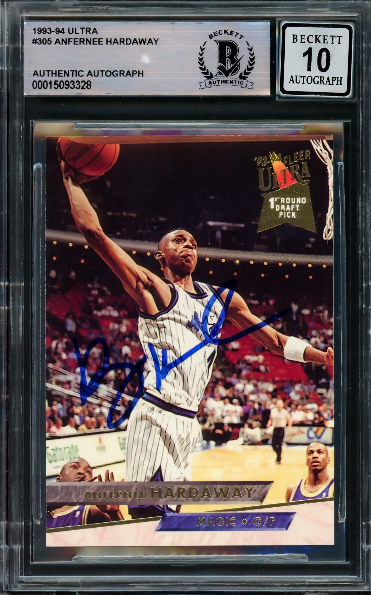 Anfernee Hardaway Autographed 1993-94 Fleer Ultra Rookie Card #305 Orlando Magic Auto Grade Gem Mint 10 Beckett BAS Stock #211047