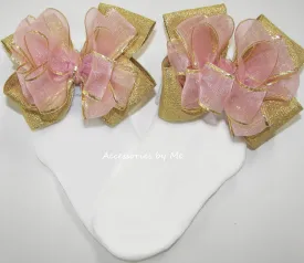 Blush Pink Gold Organza Metallic Bow Socks