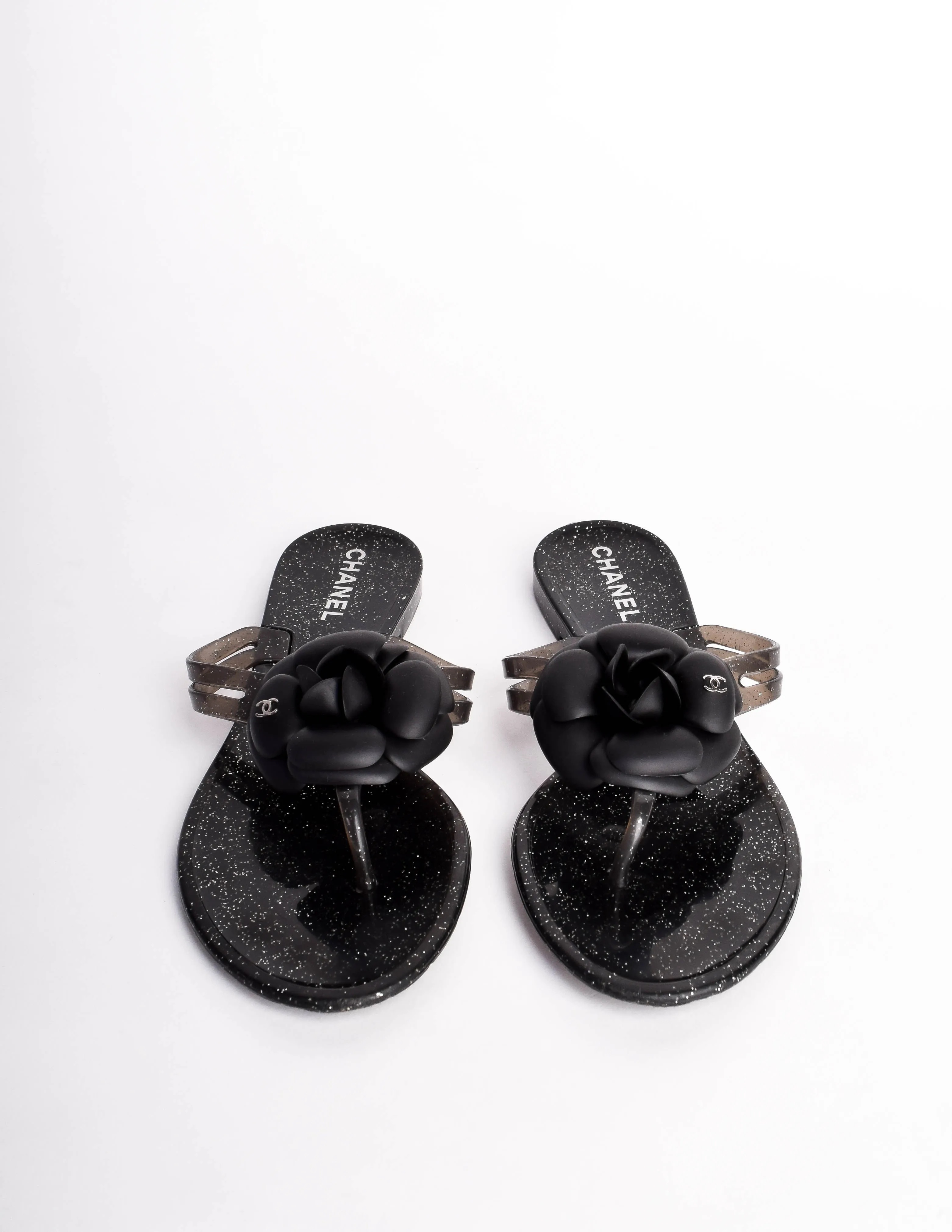 Chanel Vintage Black Silver Glitter Camellia Flower Flip Flop Sandals