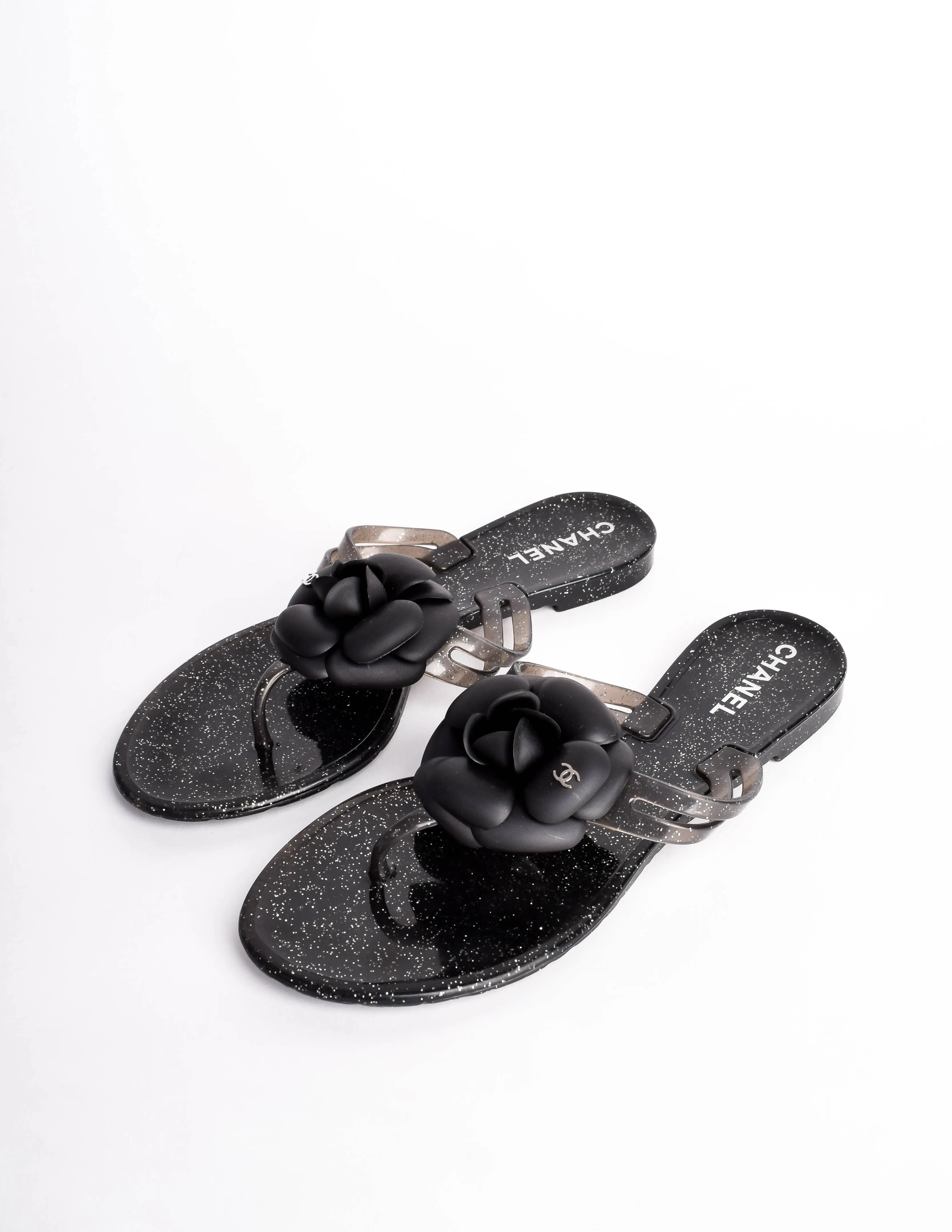 Chanel Vintage Black Silver Glitter Camellia Flower Flip Flop Sandals