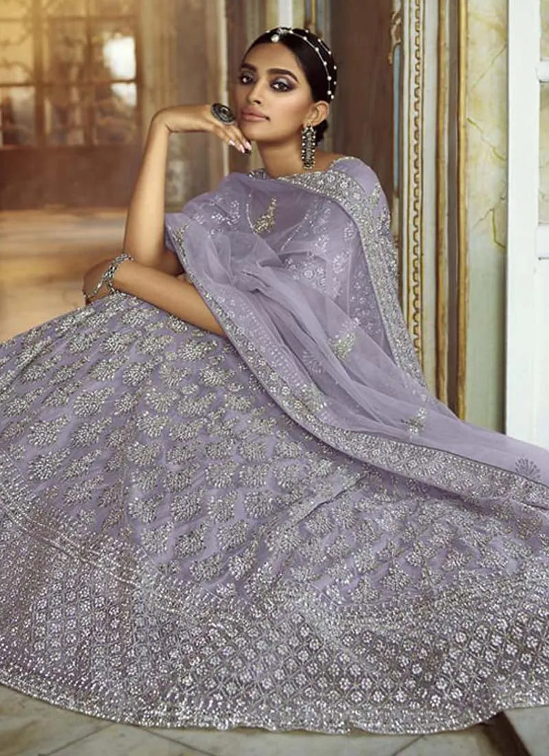 Charming Grey Zarkan Dori Soft Net Panelled Lehenga Choli Set