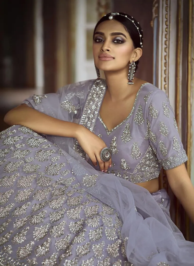 Charming Grey Zarkan Dori Soft Net Panelled Lehenga Choli Set