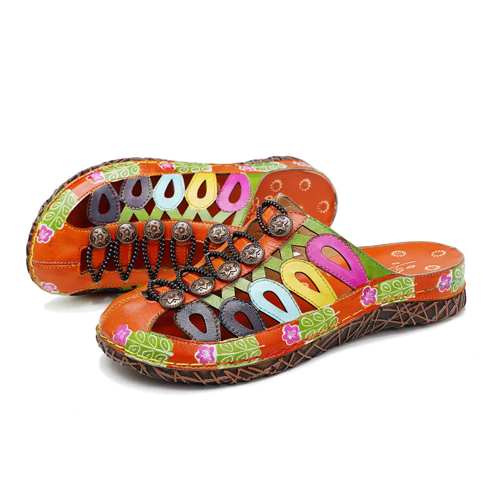 CrazycatZ Leather Clogs,Women Leather Bohemian Colorful Slide Sandal Mules 0902