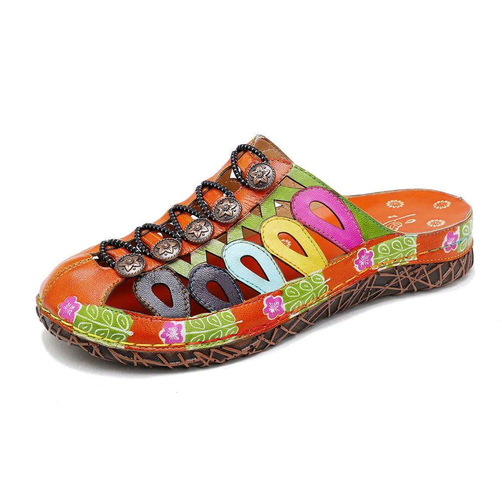 CrazycatZ Leather Clogs,Women Leather Bohemian Colorful Slide Sandal Mules 0902