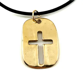 Cross Tag Gold Finish Black Cord Necklace