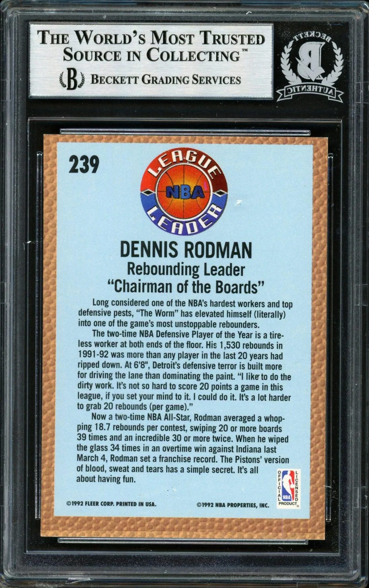 Dennis Rodman Autographed 1992-93 Fleer Card #239 Detroit Pistons Beckett BAS Stock #184852