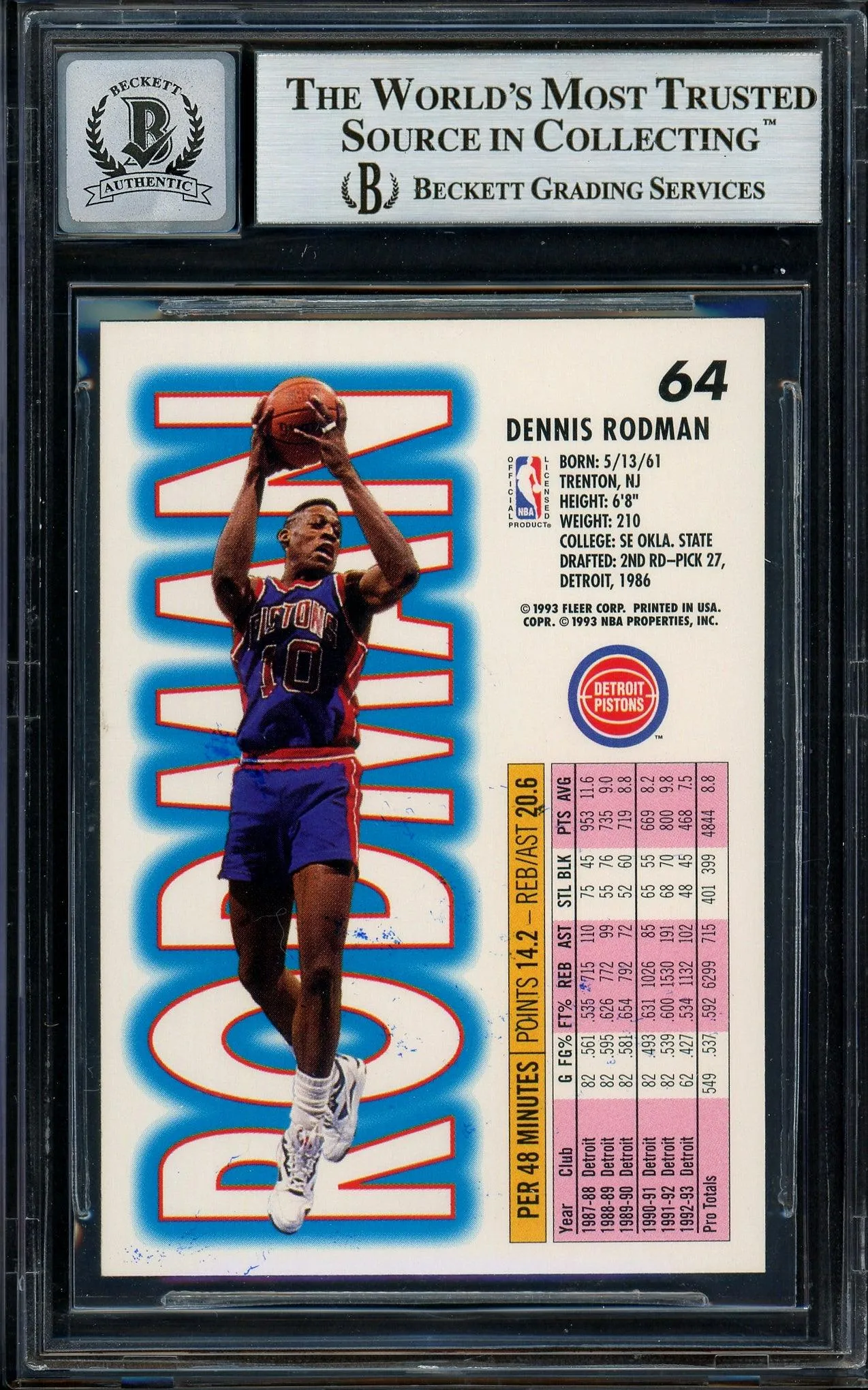 Dennis Rodman Autographed 1993-94 Fleer Card #64 Detroit Pistons Auto Grade Gem Mint 10 Blue Sharpie Beckett BAS Stock #194599