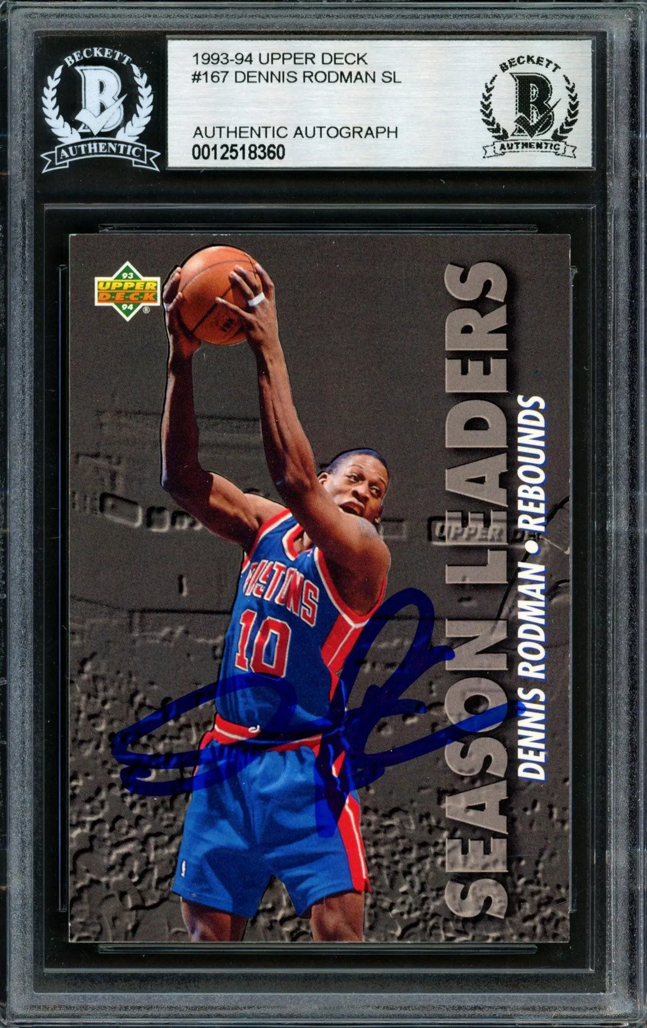 Dennis Rodman Autographed 1993-94 Upper Deck Card #167 Detroit Pistons Signed In Blue Beckett BAS #12518360