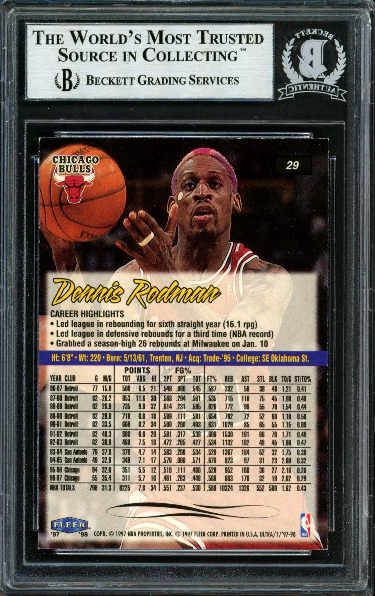 Dennis Rodman Autographed 1997-98 Fleer Ultra Card #29 Chicago Bulls Signed In Blue Beckett BAS #12517116