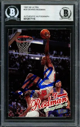 Dennis Rodman Autographed 1997-98 Fleer Ultra Card #29 Chicago Bulls Signed In Blue Beckett BAS #12517116