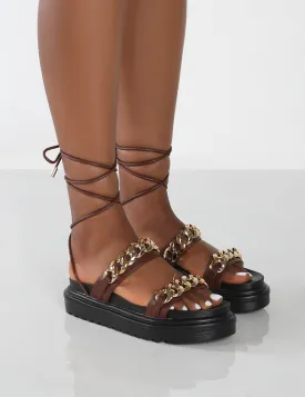 Dizzi Brown PU Chunky Chain Detail Lace Up Sandals