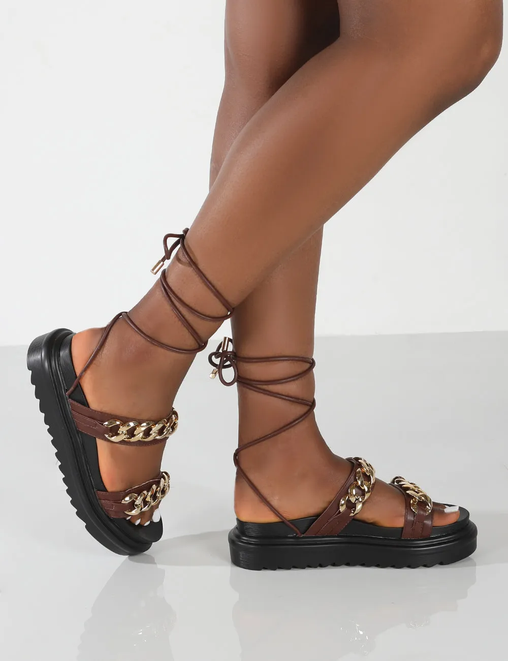 Dizzi Brown PU Chunky Chain Detail Lace Up Sandals