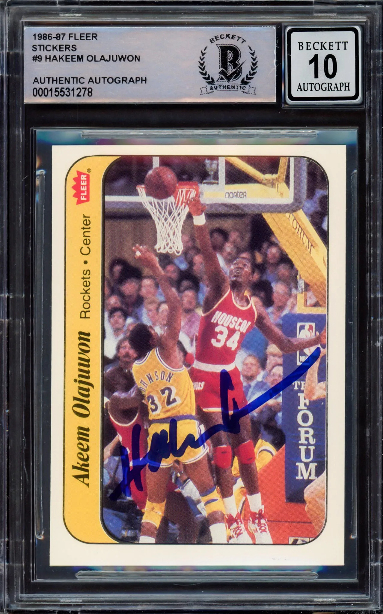 Hakeem Olajuwon Autographed 1986-87 Fleer Stickers Rookie Card #9 Houston Rockets Auto Grade Gem Mint 10 Beckett BAS #15531278