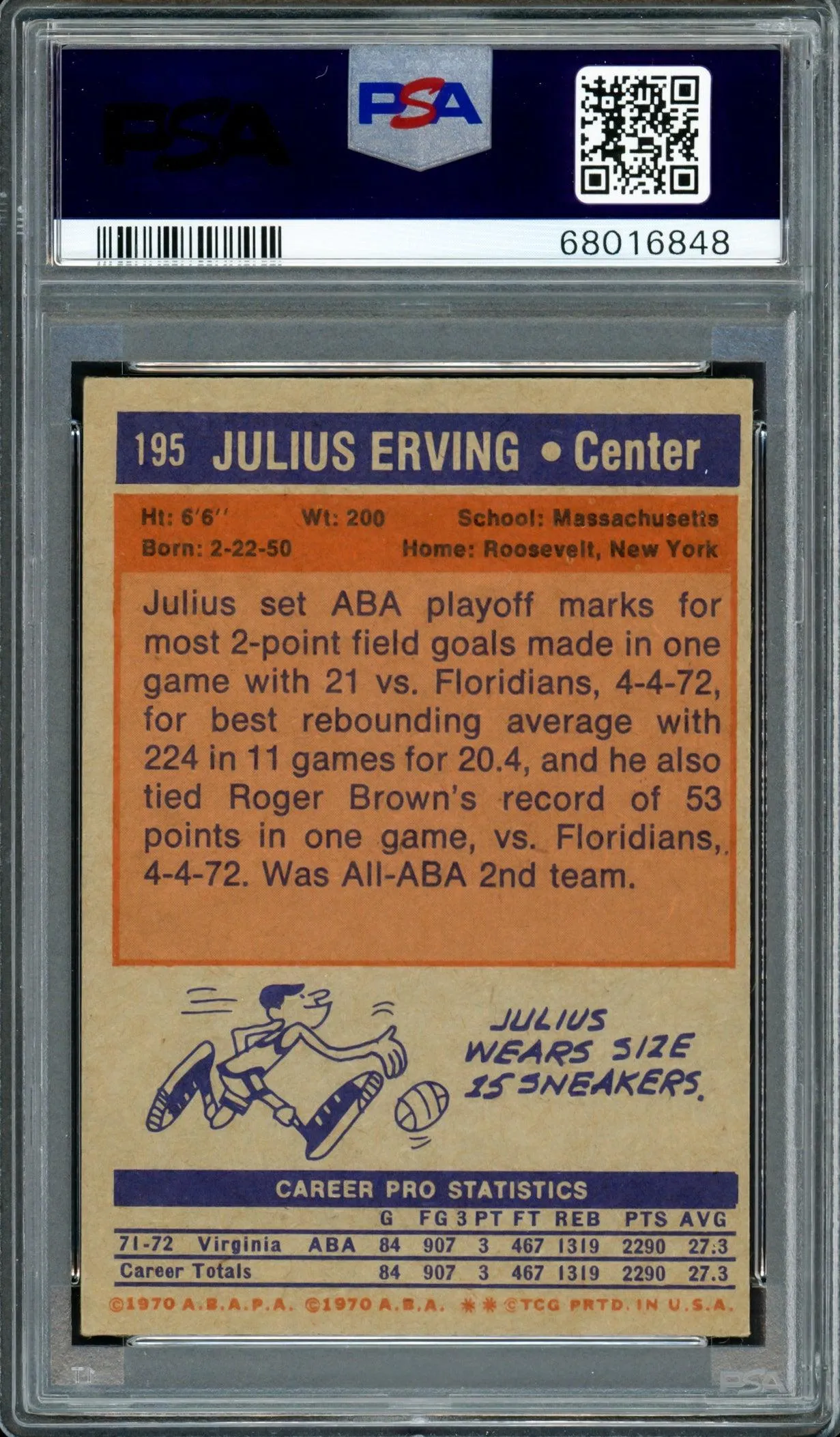 Julius Dr. J Erving Autographed 1972 Topps Rookie Card #195 PSA 4 Auto Grade Gem Mint 10 PSA/DNA #68016848