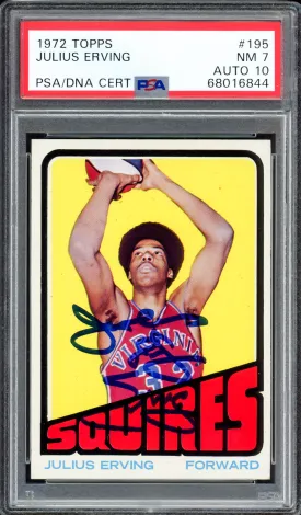 Julius Erving Autographed 1972-73 Topps Rookie Card #195 Virginia Squires PSA 7 Auto Grade Gem Mint 10 PSA/DNA #68016844