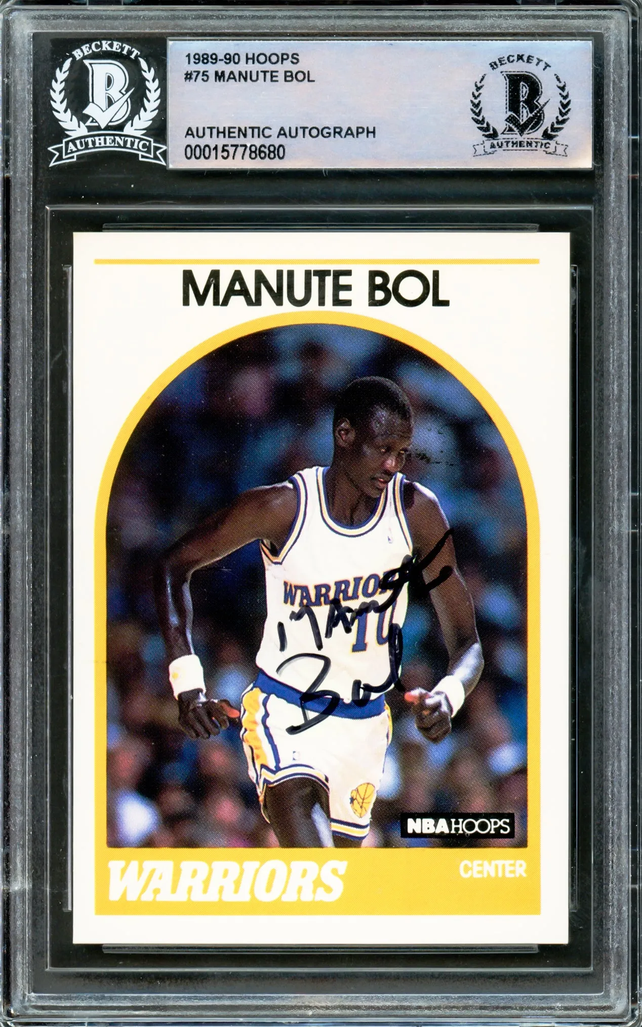 Manute Bol Autographed 1989-90 Hoops Card #75 Golden State Warriors Beckett BAS #15778680