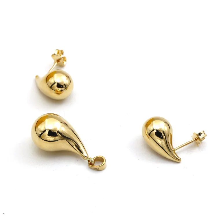 Real Gold 3D Large Plain Teardrop Earring Set 9175 With Pendant 5083 SET1084