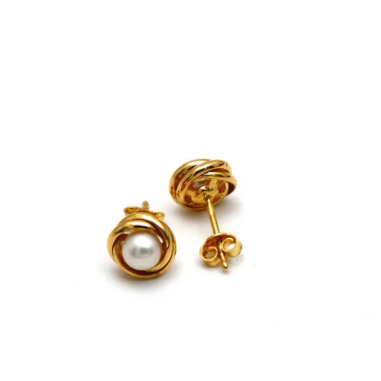 Real Gold Pearl Round Stud Earring Set 0386 E1758