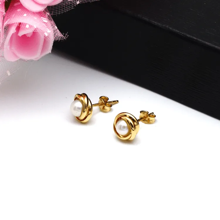 Real Gold Pearl Round Stud Earring Set 0386 E1758