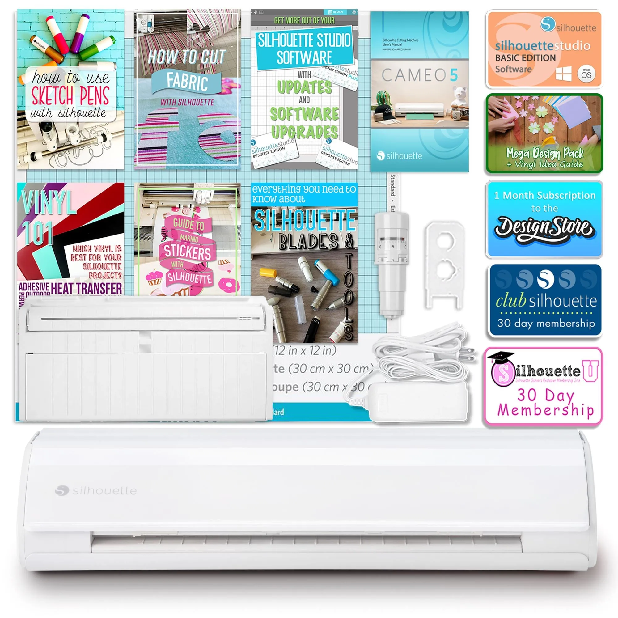 Silhouette White Cameo 5 w/ Deluxe Blade & Tool Pack, Mat Pack, Guides, Designs