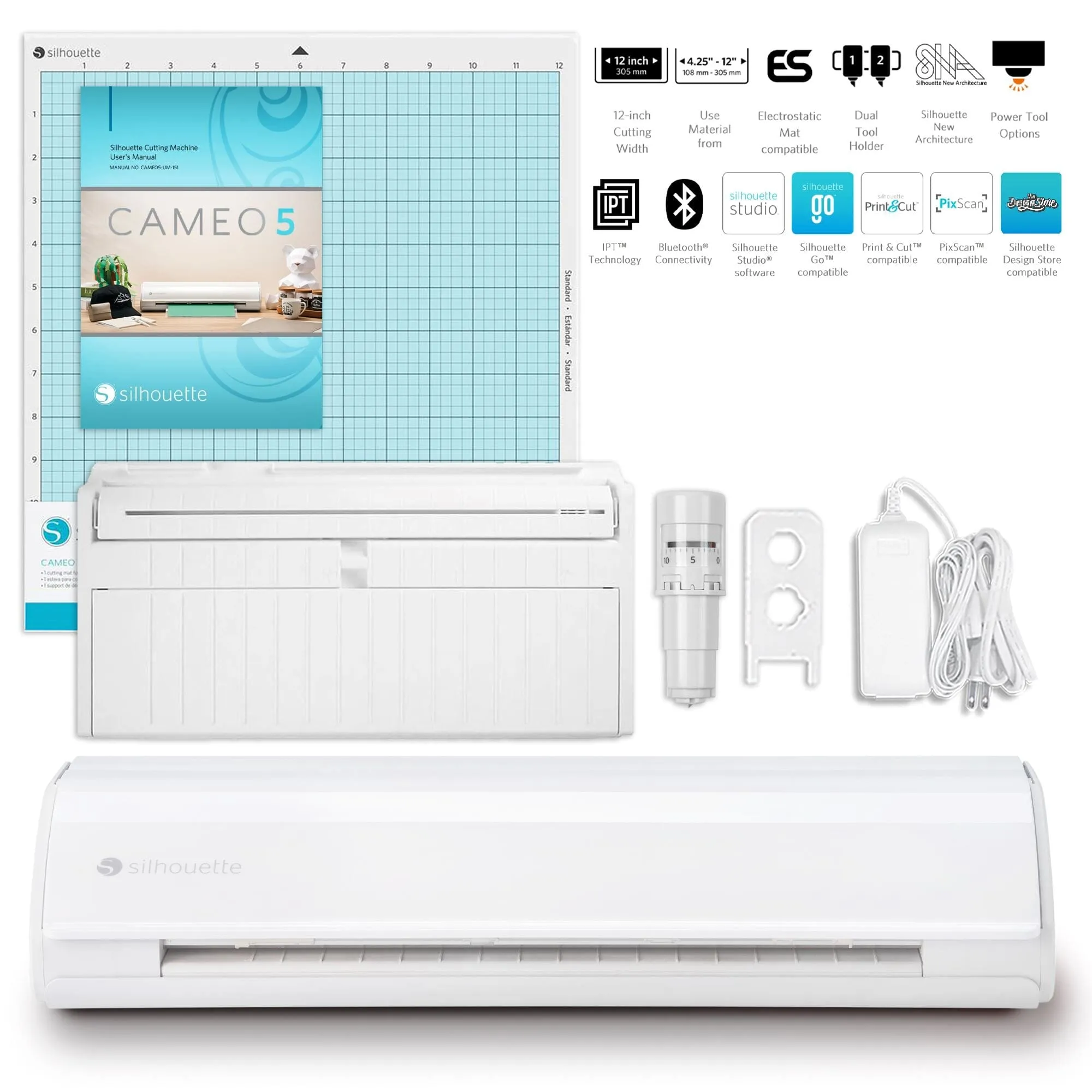 Silhouette White Cameo 5 w/ Deluxe Blade & Tool Pack, Mat Pack, Guides, Designs