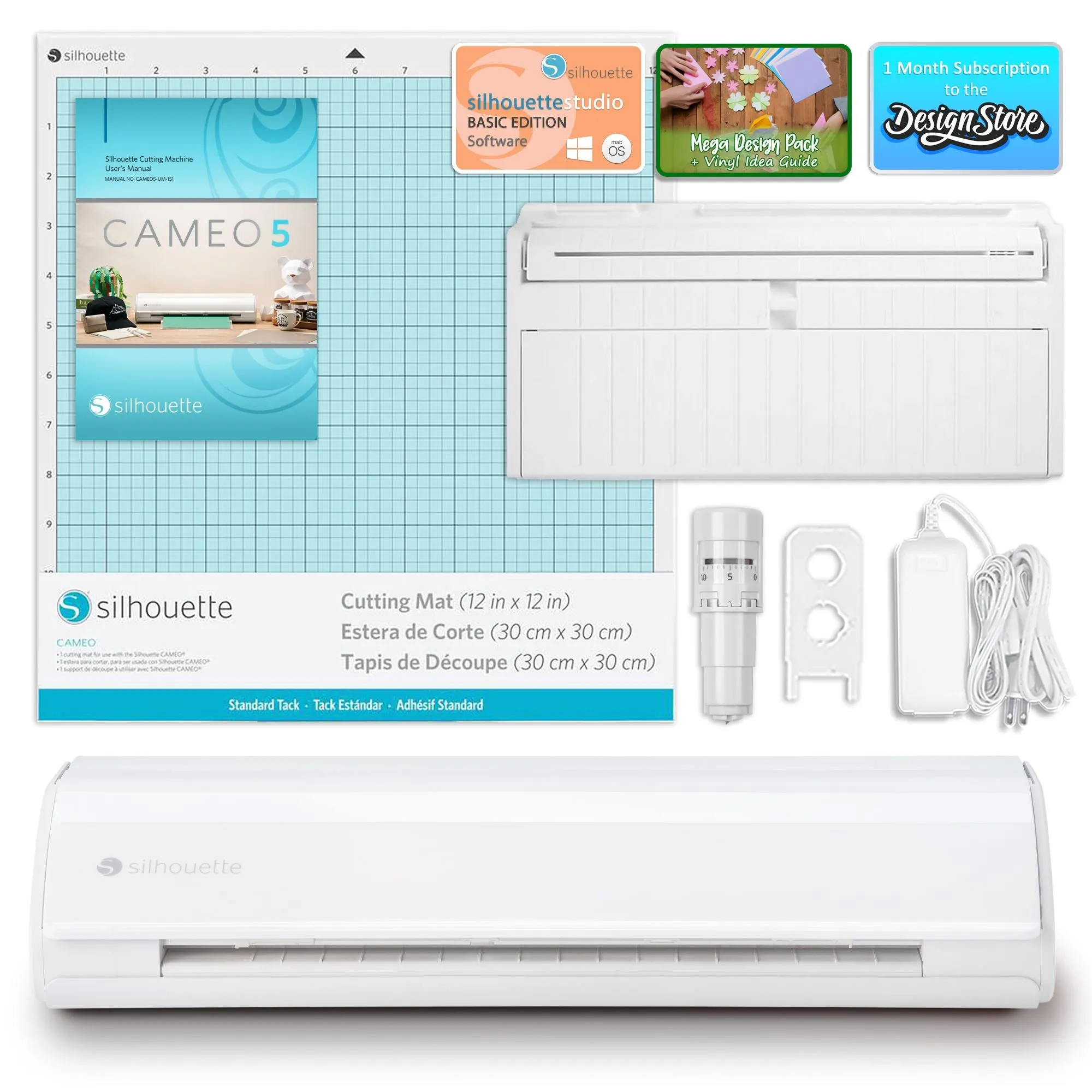 Silhouette White Cameo 5 w/ Deluxe Blade & Tool Pack, Mat Pack, Guides, Designs