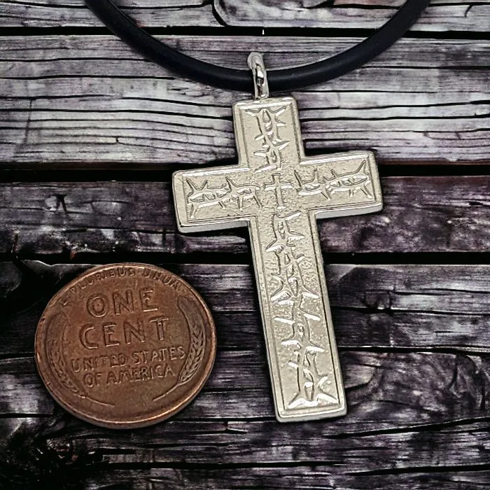 Thorns Cross Rhodium Metal Finish Pendant Black Cord Necklace